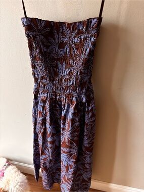 Band of the Free - Smocked Strapless Floral Midi Dress in Brown and Blue